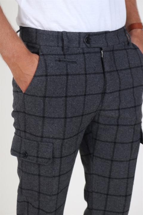 Les Deux Como Wool Check Cargo Pants Charcoal/Black