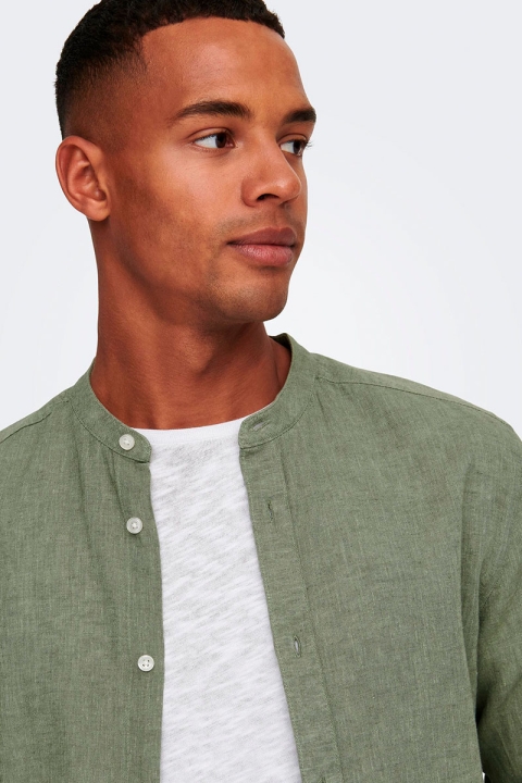 ONLY & SONS CAIDEN LS SOLID LINEN MAO SHIRT Swamp