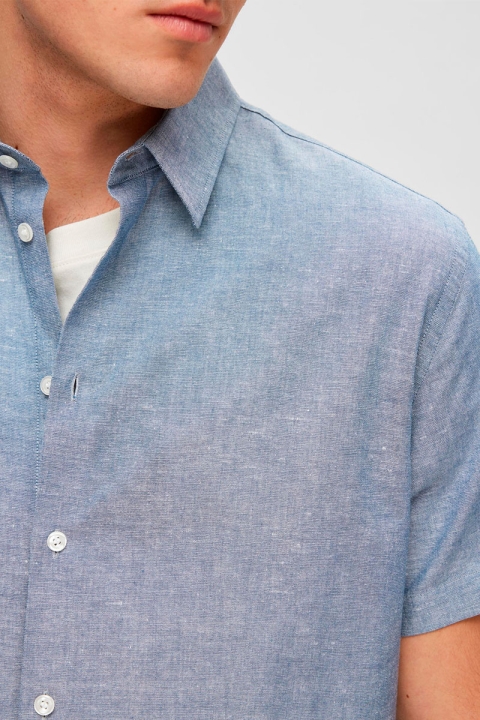 Selected SLHREGNEW-LINEN SHIRT SS CLASSIC Medium Blue Denim