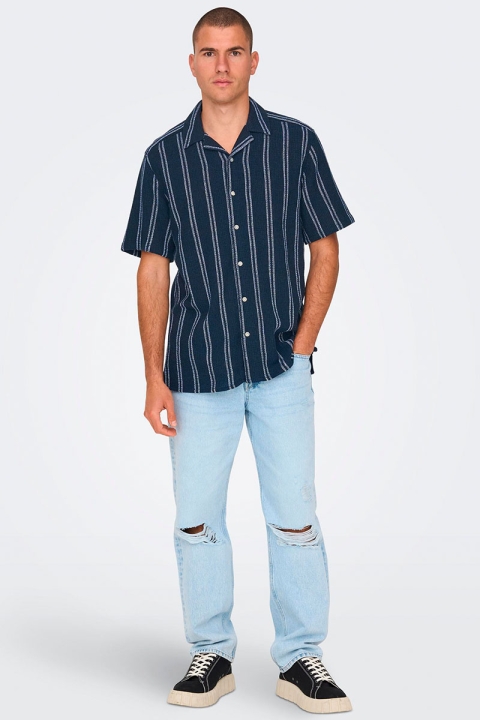 ONLY & SONS Trev Reg Structure Stripe SS Shirt Dark Navy