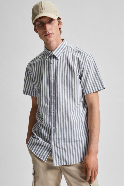 Selected SLHSLIMNEW-LINEN SHIRT SS CLASSIC W Smoke Green Stripes