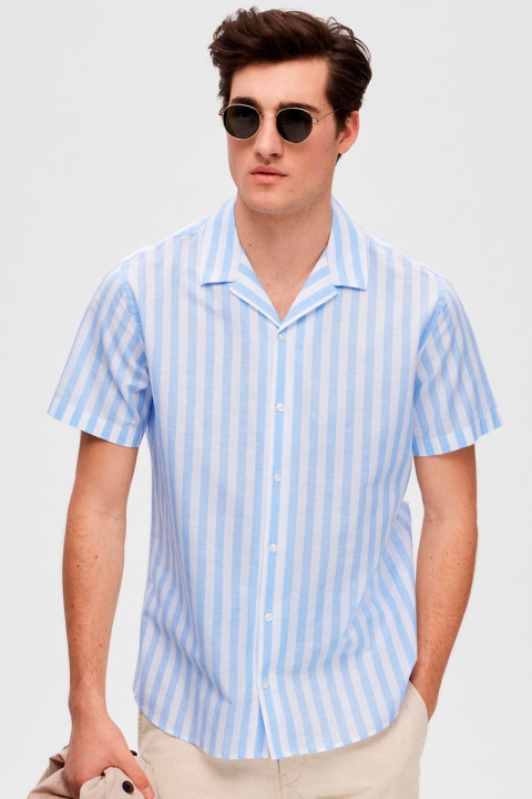 Selected SLHREGNEW-LINEN SHIRT SS RESORT W Cashmere Blue Stripes