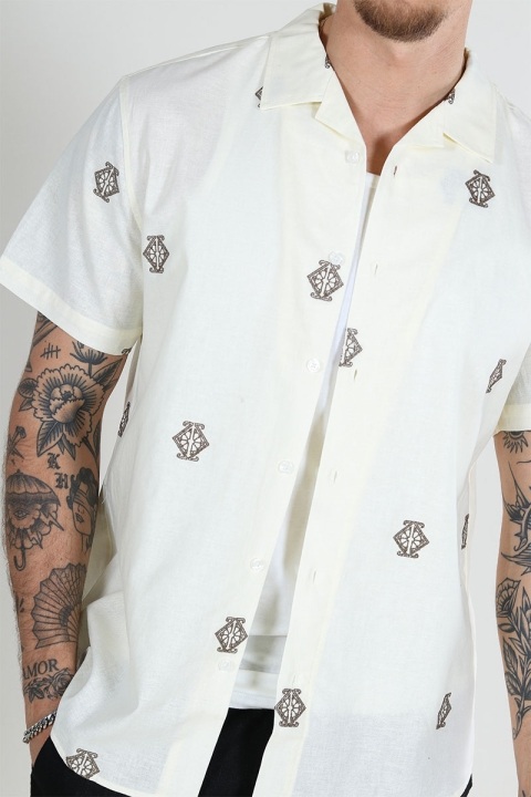 Clean Cut Copenhagen Bowling Theodore Cotton Linen Shirt S/S Off White/Khaki