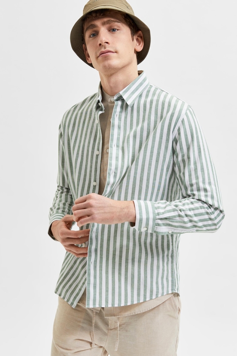 Selected SLHREGNEW-LINEN SHIRT LS CLASSIC W Dark Ivy Stripes