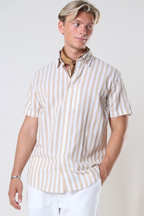 Selected Reg New Linen Shirt SS Stripe Kelp