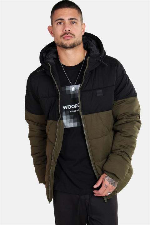 Urban Classics Hooded 2-Tone Puffer Jas Dark Olive/Black