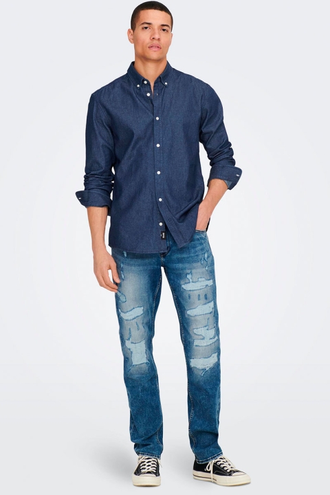 ONLY & SONS DAY REG DOWN CHAMBRAY LS SHIRT Dark Blue Denim