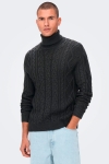 ONLY & SONS ONSRIGGE REG 3 CABLE ROLL NECK KNIT Obsidian
